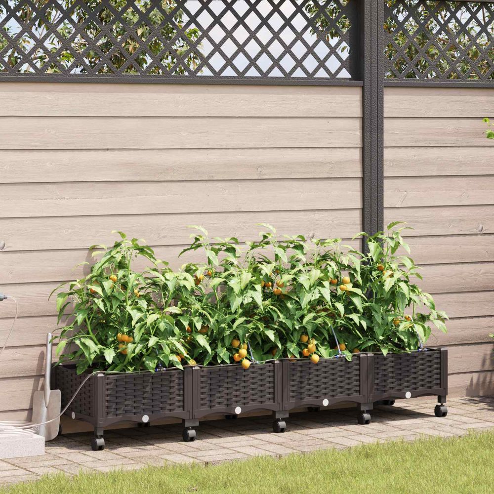 Lot 4 jardinières roues polypropylène jardin extérieur système irrigation 160x40x28 marron