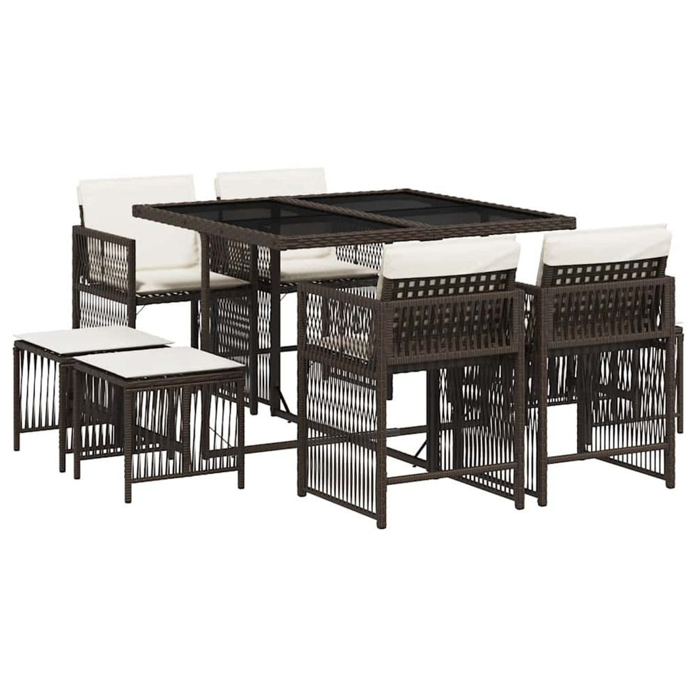 Ensemble à manger de jardin et coussins 9 pcs marron poly rotin