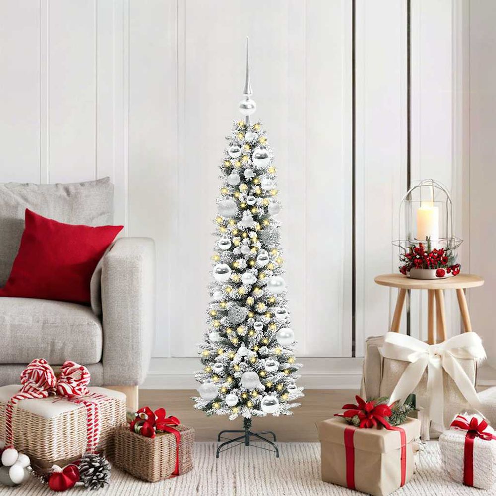 Sapin de noël artificiel 120 cm vert et blanc, kit lumineux 150 led et 61 boules