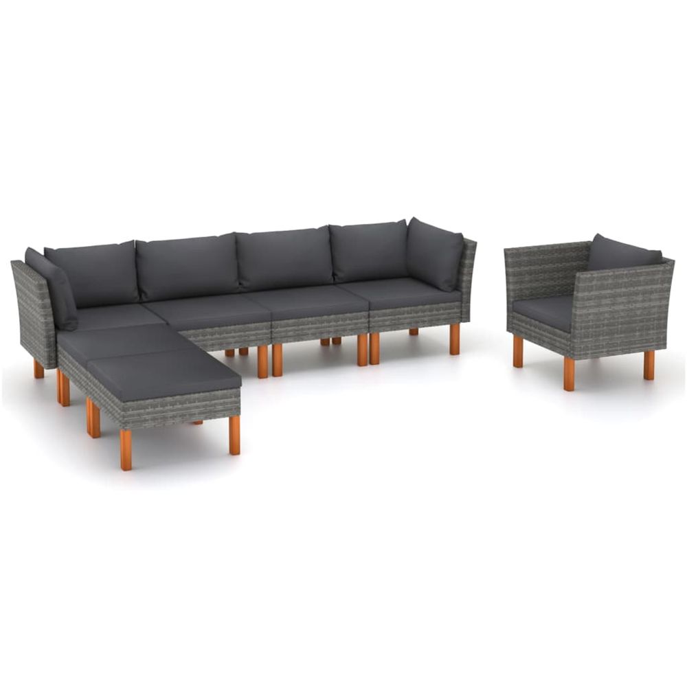 Salon de jardin 7 pcs résine tressée et bois d'eucalyptus gris