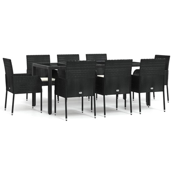 Ensemble à manger jardin 9pcs et coussins noir résine tressée