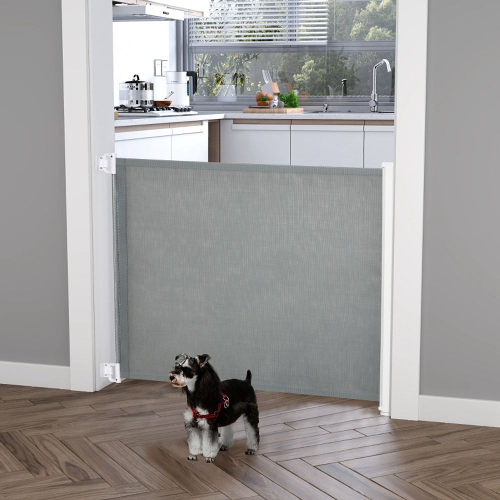 Barrière sécurité enroulable métal toile escalier porte chien extensible 115cm gris - comfortxl pet living