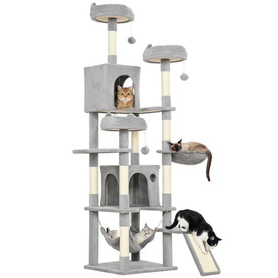 Arbre à chat haut 192 cm pour plusieurs chats avec 2 niches poteaux sisal gris
