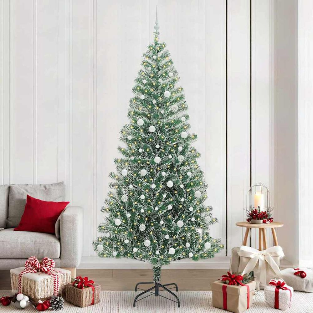 Sapin de noël xxl 2.4m floqué, ambiance hivernale avec led blanc chaud et 120 boules incluses