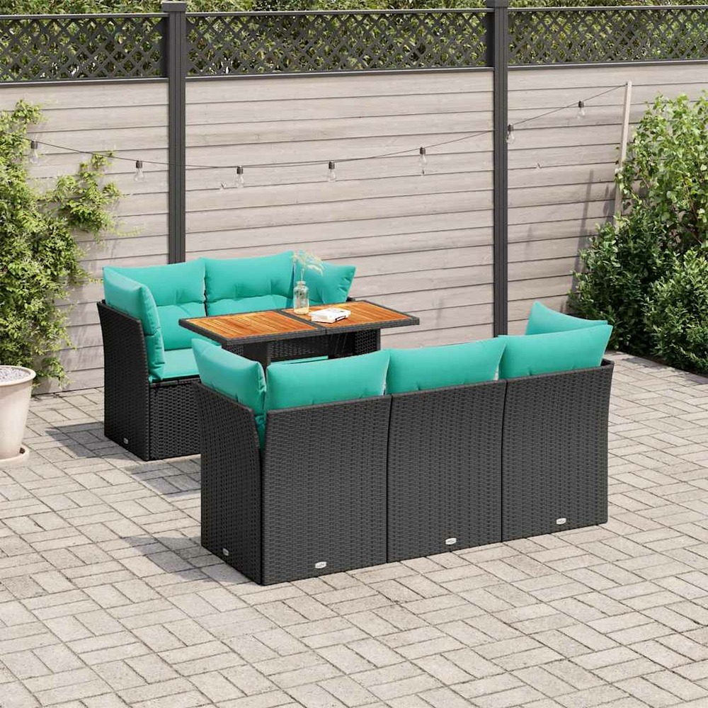 Salon de jardin 6 pcs avec coussins noir résine tressée