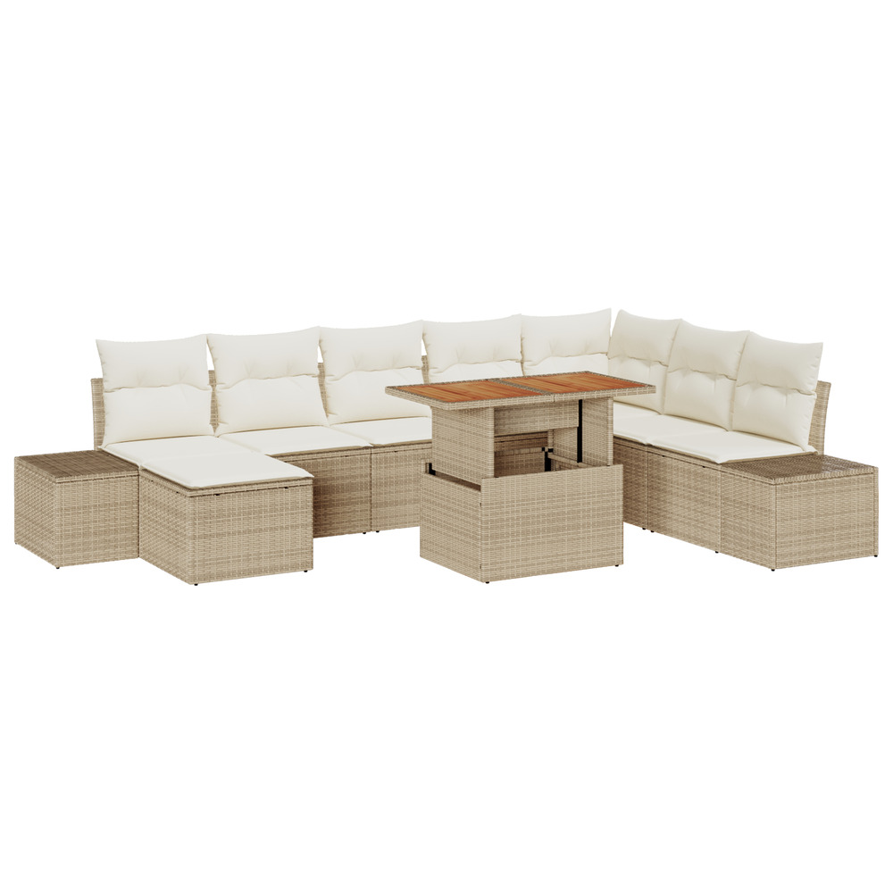 Ensemble de salle à manger de jardin de 9 pièces avec coussins beige en poly rattan et acacia