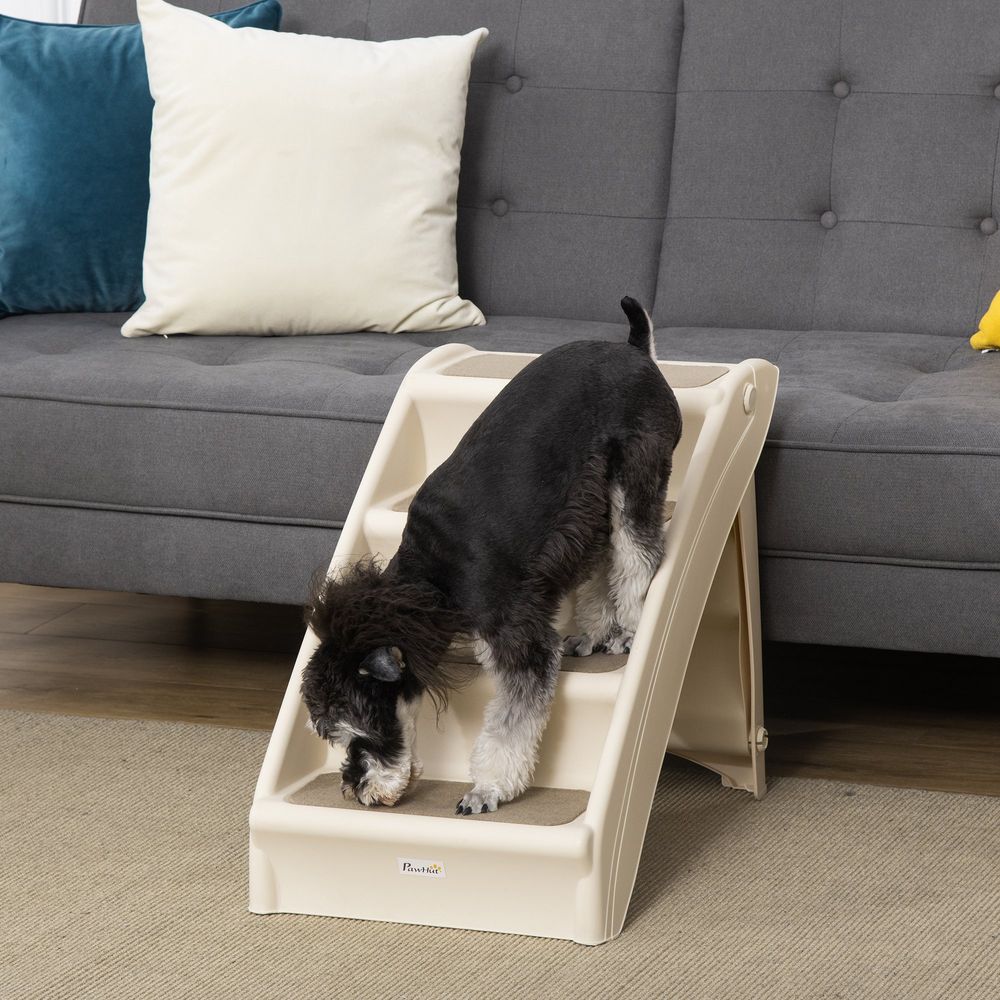 Escalier pour chien pliable en polypropylène beige 4 marches 62 x 38 x 49,5 cm pour lit et canapé antidérapant