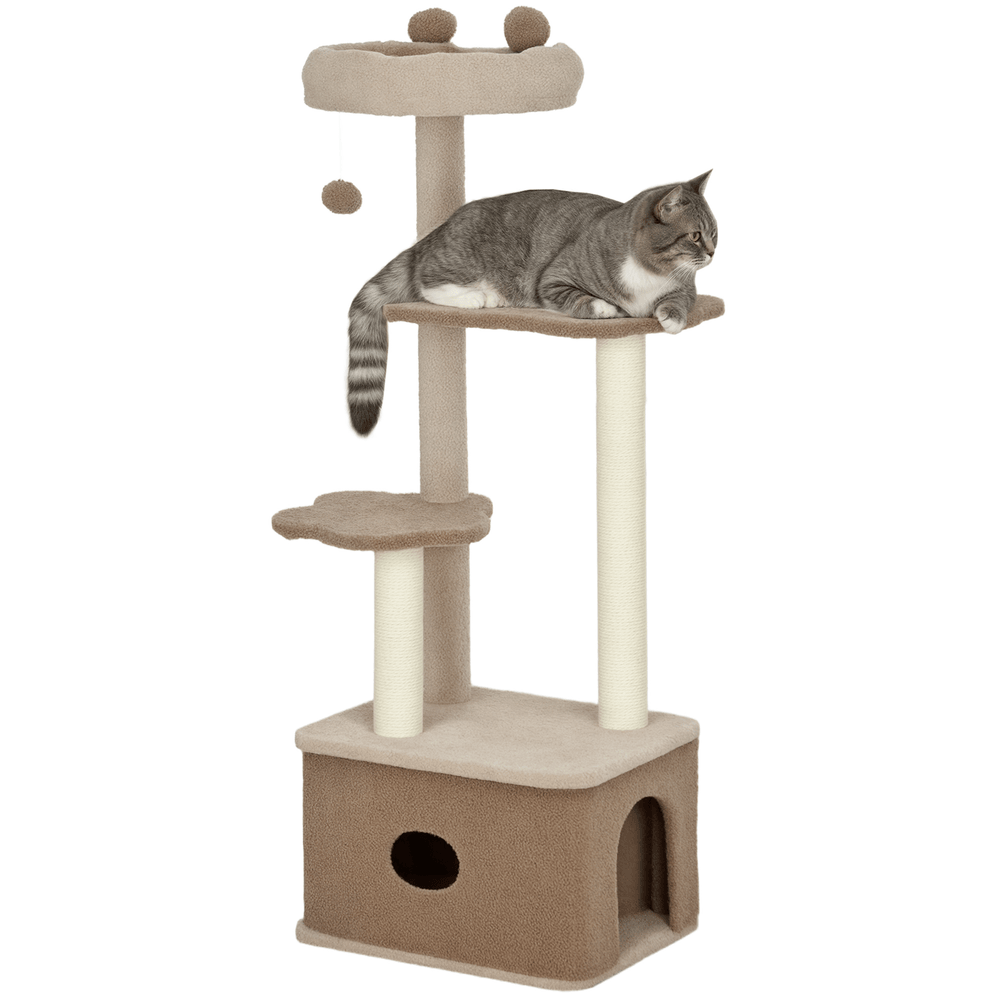 Arbre à chat design en bois cachemire avec niche et griffoir en jute 133 cm café
