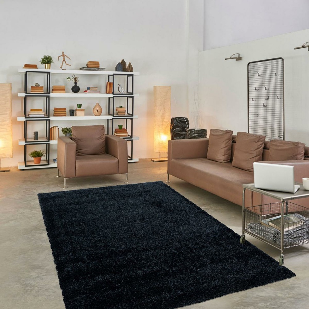 Tapis longs poils shaggy ø120cm rond tissé noir motif uni uni a