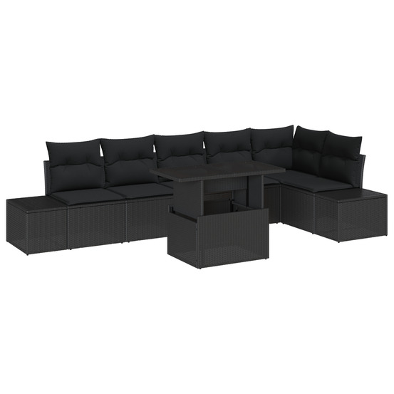 Ensemble de canapé de jardin 7 pièces avec coussins noir poly rotin