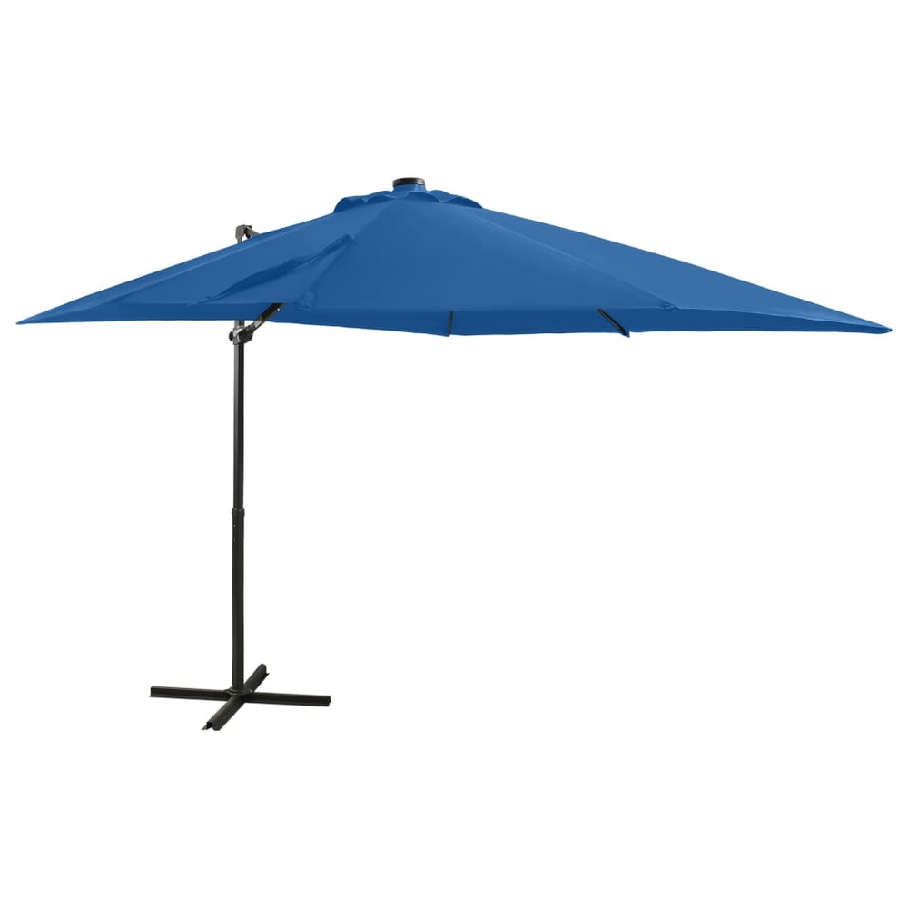 Parasol meuble de jardin déporté avec mât et lumières led 250 cm bleu azur