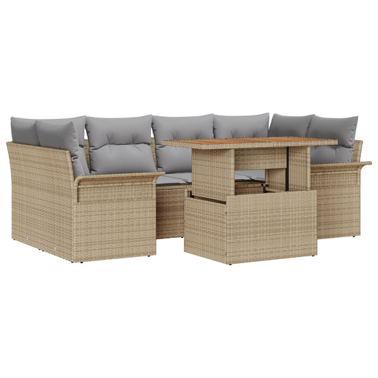 Ensemble de canapé de jardin de 7 pièces avec coussins beige poly rattan acacia