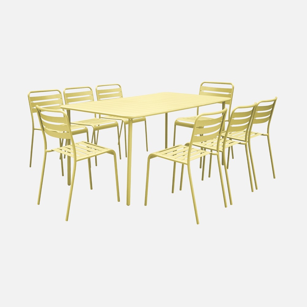 Table de jardin en métal + 8 chaises, traitement antirouille, lattes et bords arrondis
