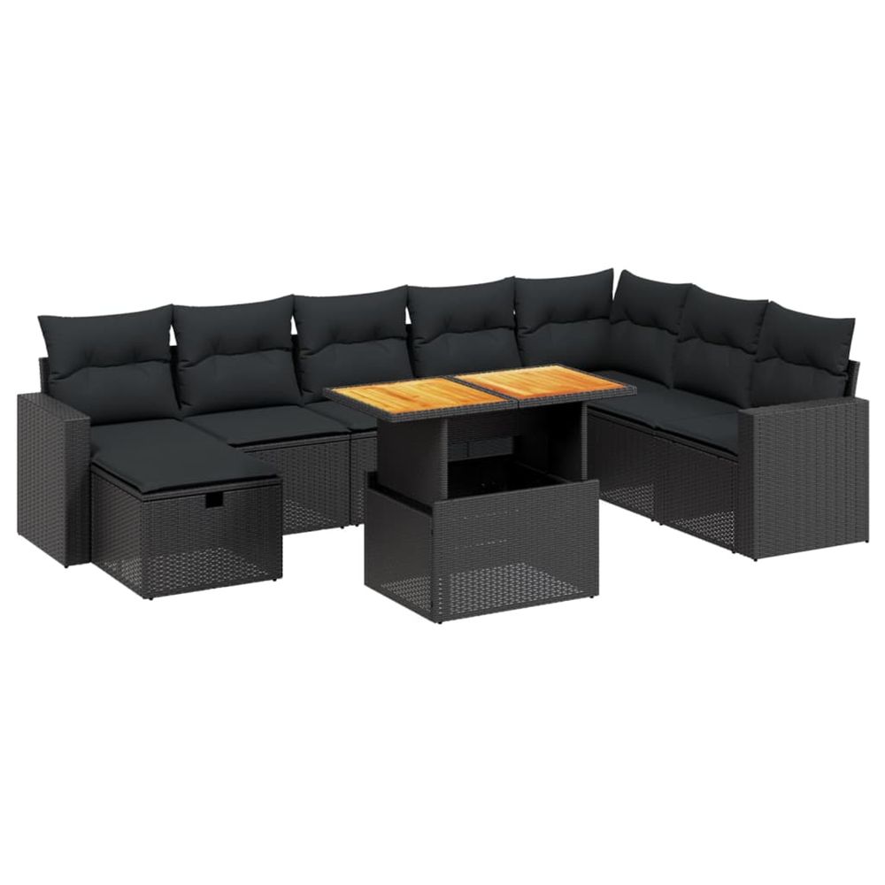 Salon de jardin 9 pcs avec coussins noir résine tressée