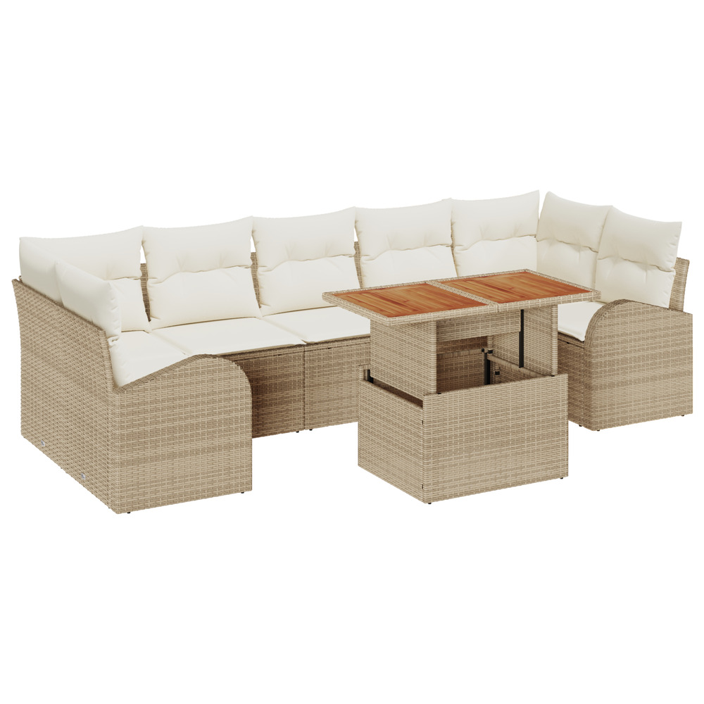 Ensemble de jardin 8 pièces avec coussins beige poly rotin acacia