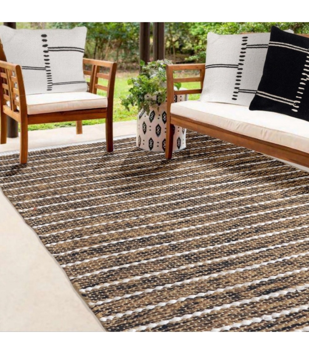 Tapis rectangulaire en jute et coton, effet rayé noir beige écru, 60x90cm - atout ciel 69012