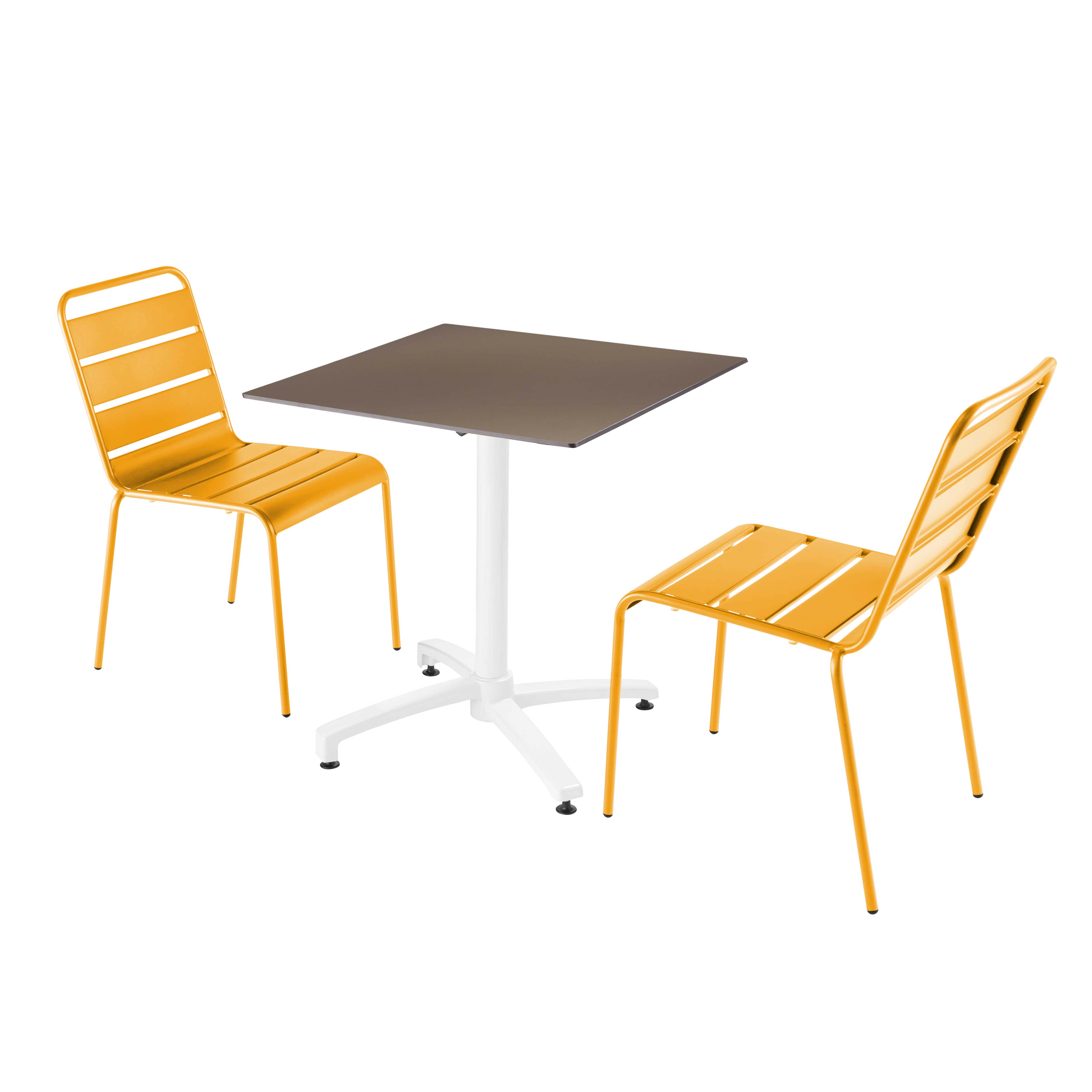 Ensemble table de terrasse stratifié taupe et 2 chaises jaune