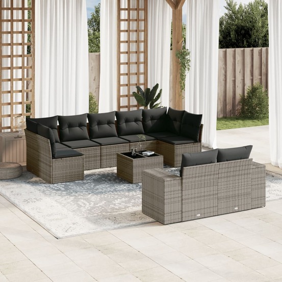 Salon de jardin avec coussins 10 pcs gris résine tressée