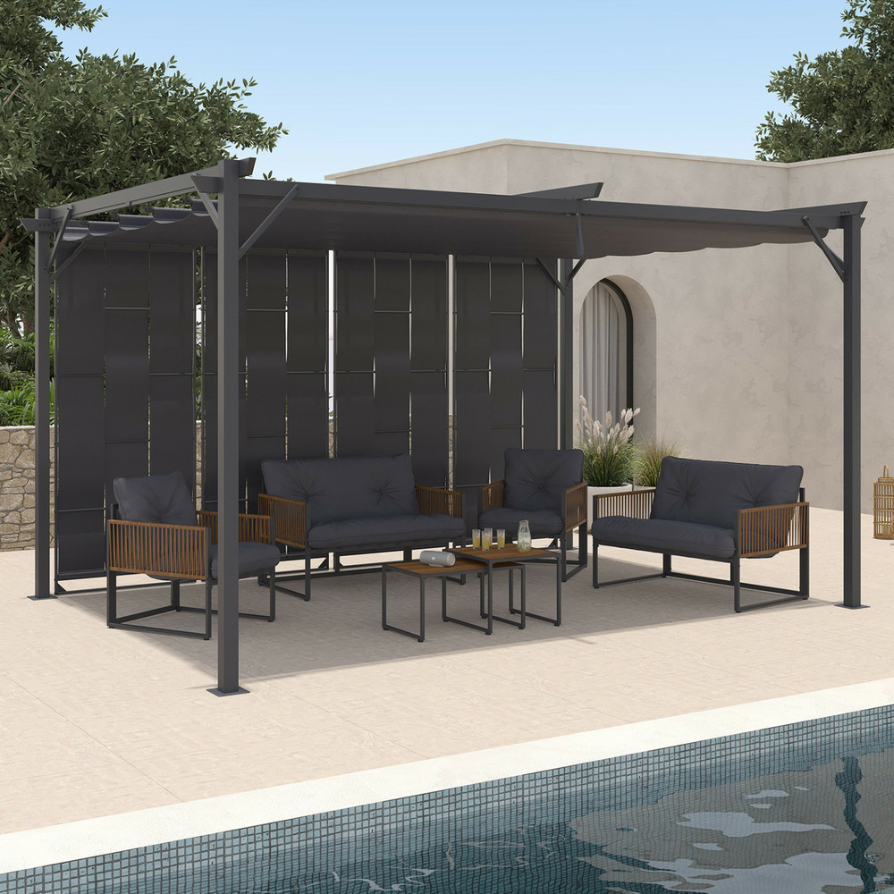 Pergola persiennes en tissu toit rétractable 3x4 m 4 pans modulables gris anthracite