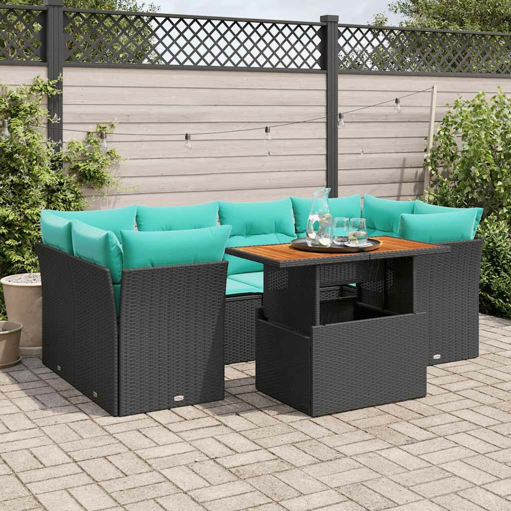 Salon de jardin 7 pcs avec coussins noir résine tressée