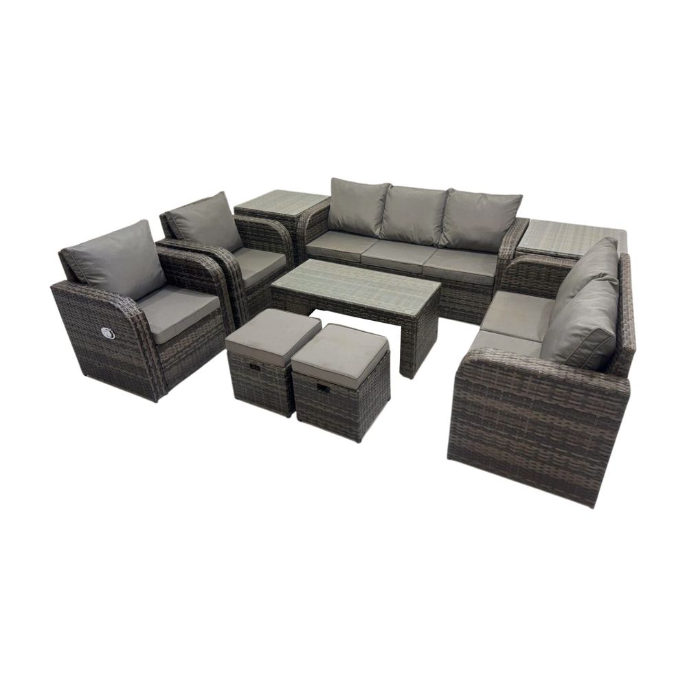 9 places salon de jardin exterieur ensemble de canapés en rotin avec table basse rectangulaire 2 tables d'appoint 2 petits tabourets