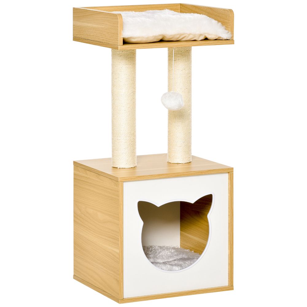 Maison chat bois poteaux griffoirs sisal coussin lavable balle 35x35x81 cm chêne