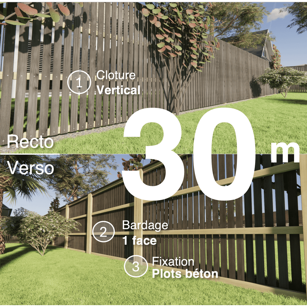 Kit clôture bois moderne 30m – h 1,9m – 20 x 70 mm noir par trempage – pose vertical – simple face – à sceller
