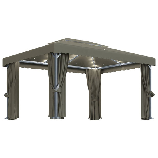 Tonnelle avec rideau et guirlande lumineuse à led 4x3 m taupe