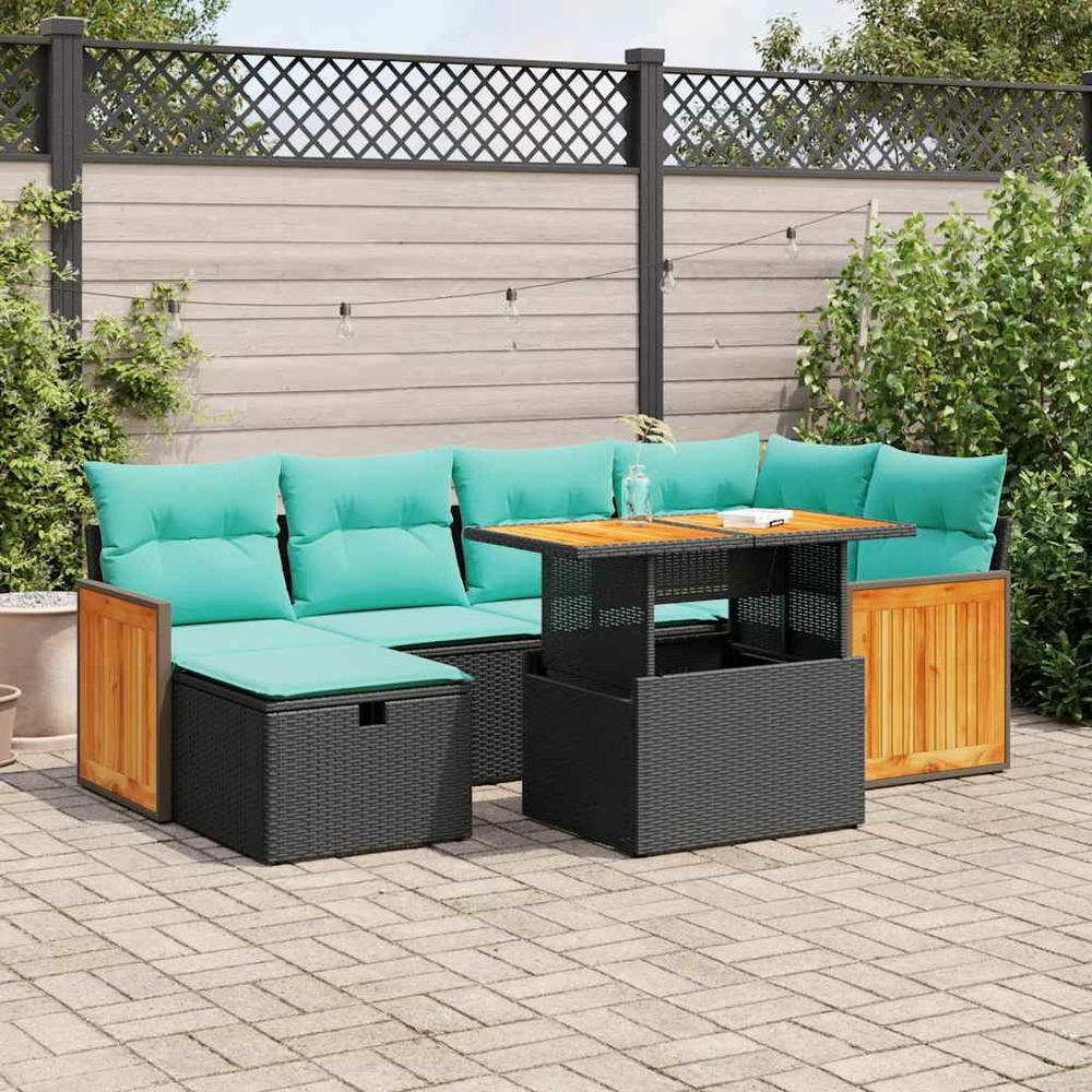 Salon de jardin avec coussins 7pcs marron résine tressée acacia