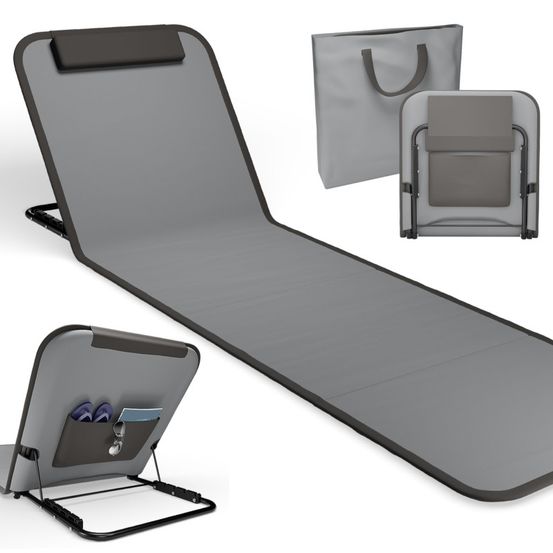 Transat de plage confortable gris 165cm avec dossier réglable et coussin pour la tête sac inclus