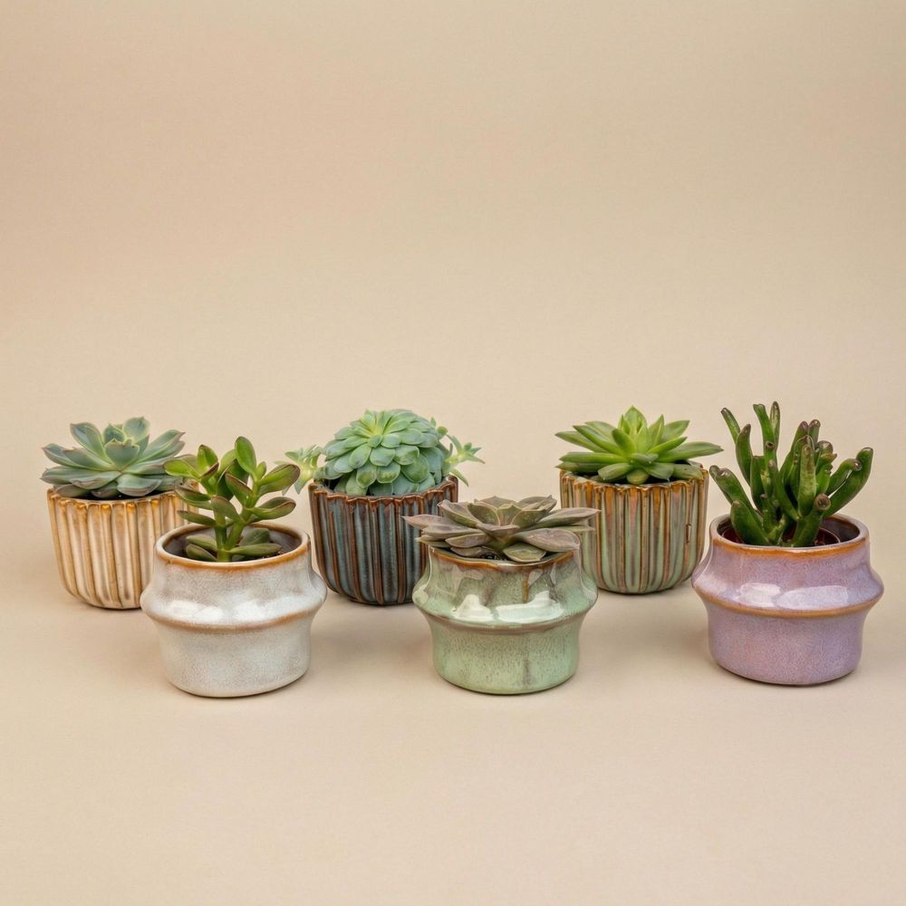 Succulenten set de 6 in keramische mini potjes barcelona - ↑ 8 - h12 cm - ø6 cm - plantes d'intérieur