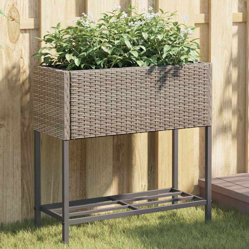 Jardinière haute résine tressée balcon avec étagère de rangement 70x28x70 cm gris