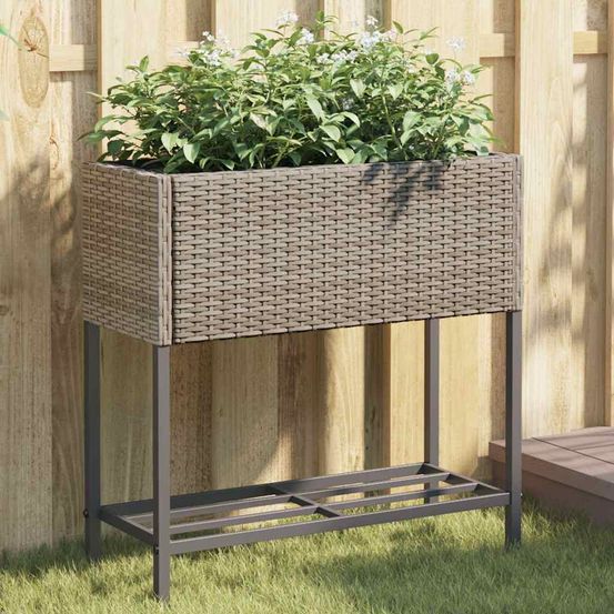 Jardinière haute résine tressée balcon avec étagère de rangement 70x28x70 cm gris