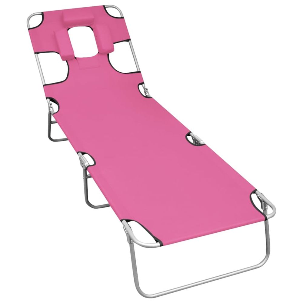 Chaise longue pliable avec coussin de tête acier rose magento bain de soleil
