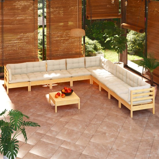 Salon de jardin 10 pcs avec coussins crème bois de pin massif