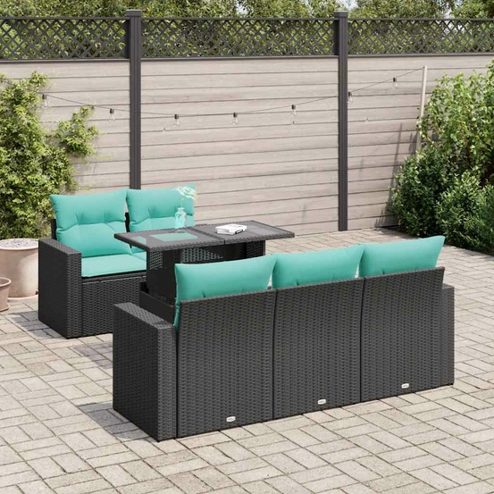 Salon de jardin 6 pcs avec coussins noir résine tressée acacia
