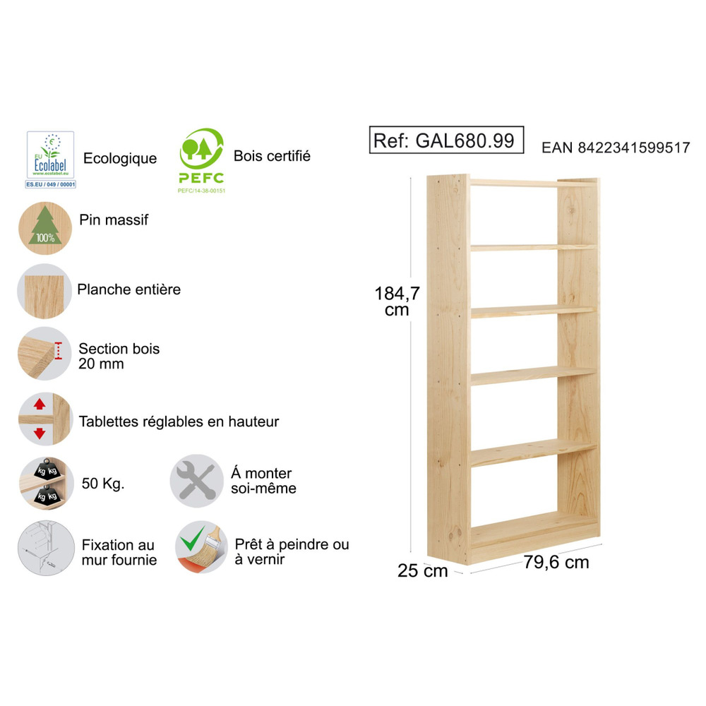 Bibliothèque gala en pin 6 tablettes