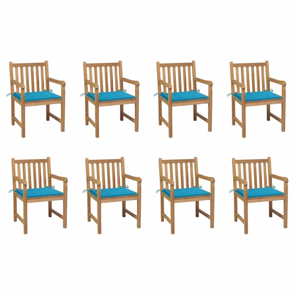 Chaises de jardin 8 pcs avec coussins bleu bois de teck massif