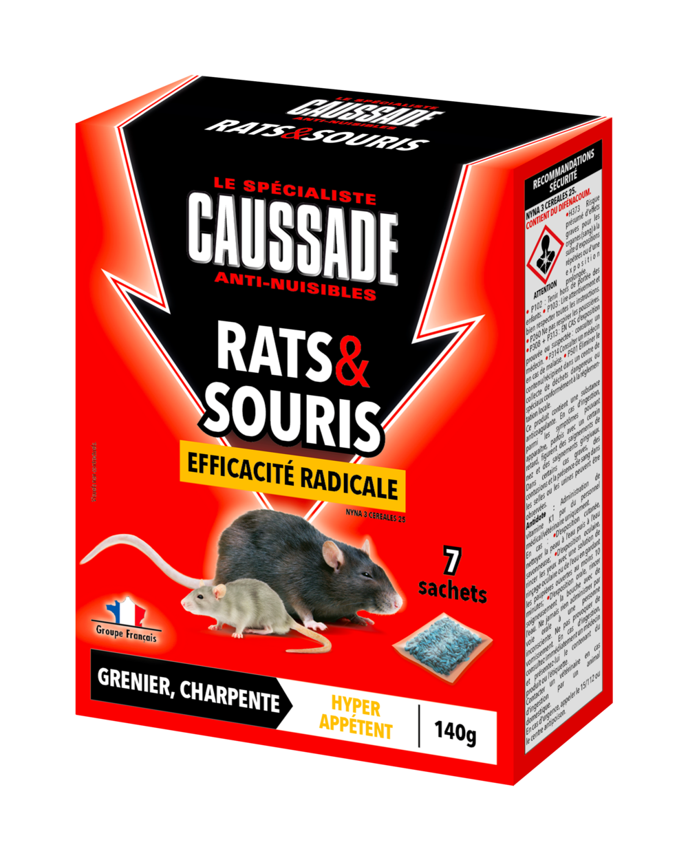 Caussade anti rats & souris - efficacité radicale - lieux secs - 7 sachets céréales - prêt à l'emploi 140g carscdf140