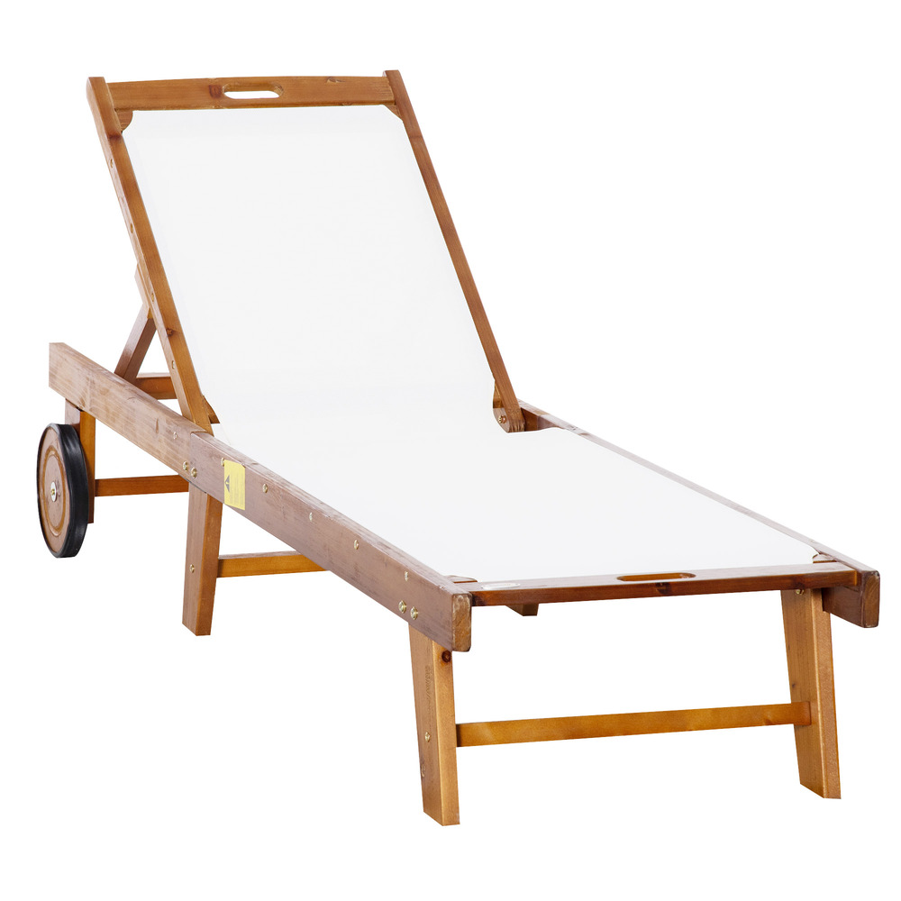 Chaise longue relax chaise longue de jardin meuble de jardin bois d’acacia ajustable textile naturel + blanc 198 x 55 x 30-88,5 cm