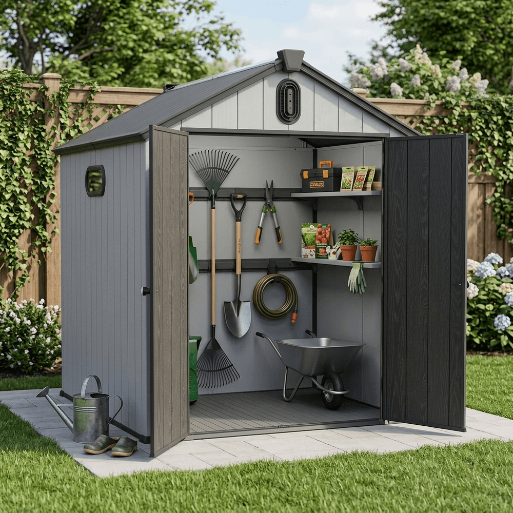 Abri de jardin en résine pour outils et tondeuse double paroi 187 x 240 x 221 cm gris blanc - comfortxl outdoor living