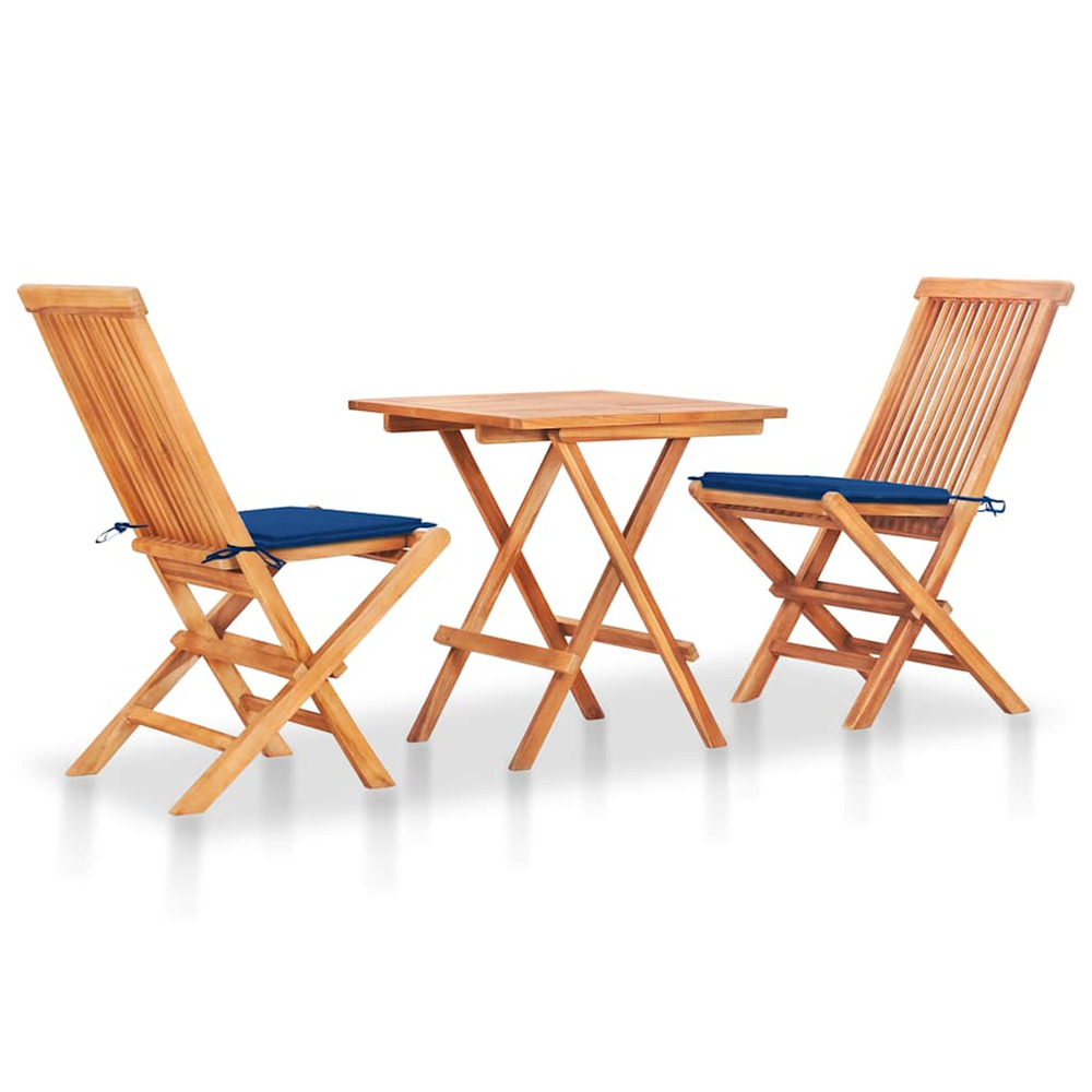 Ensemble de bistro 3 pcs avec coussins bleu royal bois de teck