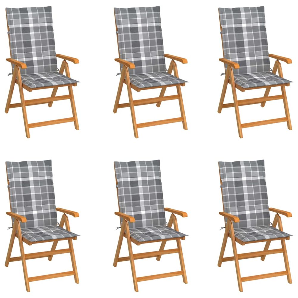 Chaises pliantes, 6 coussins à carreaux gris, bois de teck massif