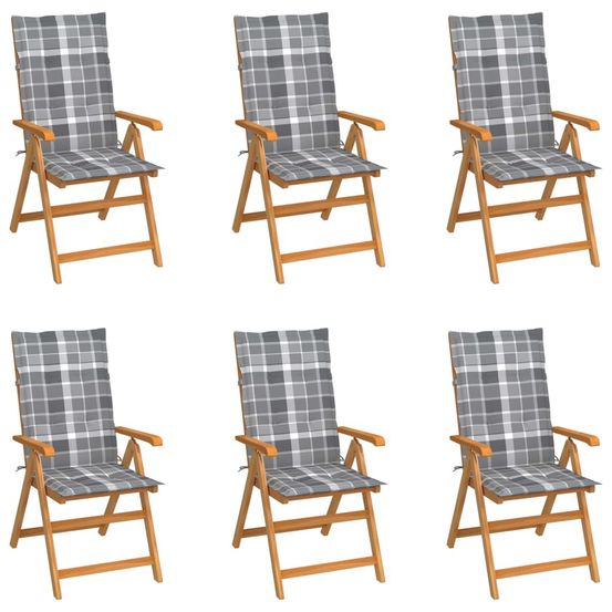 Chaises pliantes, 6 coussins à carreaux gris, bois de teck massif