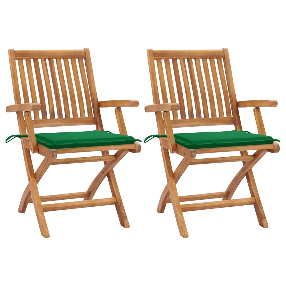Chaises pliantes (lot de 2) avec coussins verts, en bois de teck massif