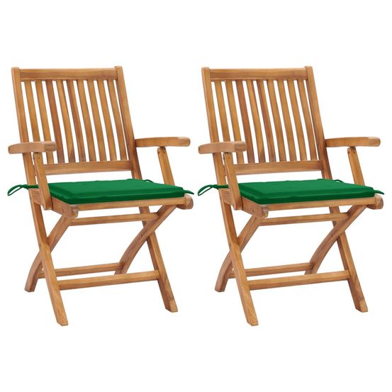 Chaises pliantes (lot de 2) avec coussins verts, en bois de teck massif