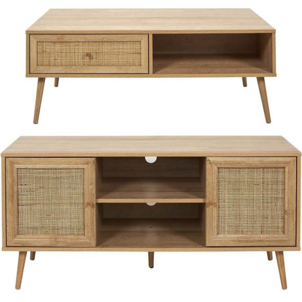 Set meuble tv en bois 2 portes et table basse 1 tiroir bali