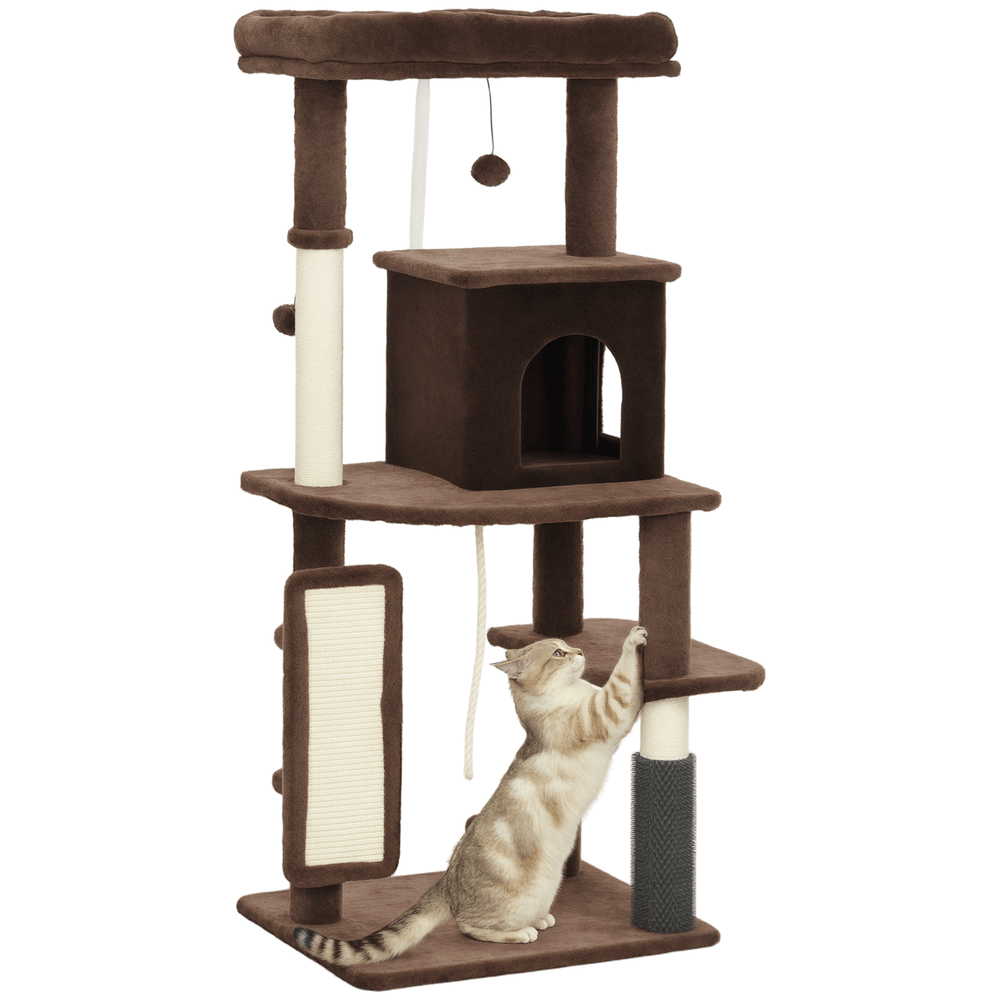 Arbre à chat grande taille en bois pour intérieur avec niche et griffoirs 132 cm marron
