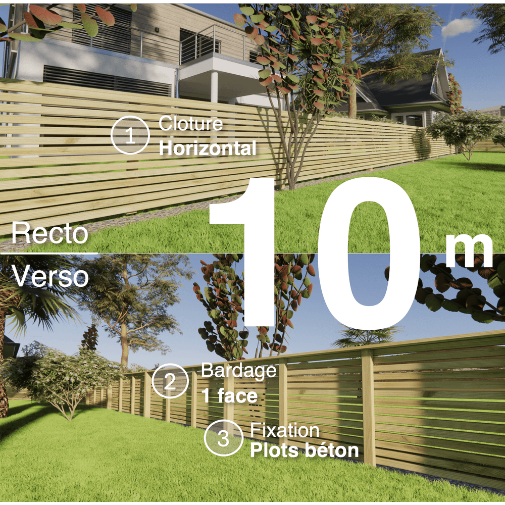 Kit clôture bois moderne 10m – h 0,9m – 45 x 45 mm autoclave – pose horizontal – simple face – à sceller