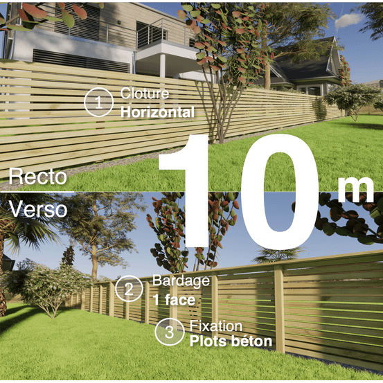 Kit clôture bois moderne 10m – h 0,9m – 45 x 45 mm autoclave – pose horizontal – simple face – à sceller